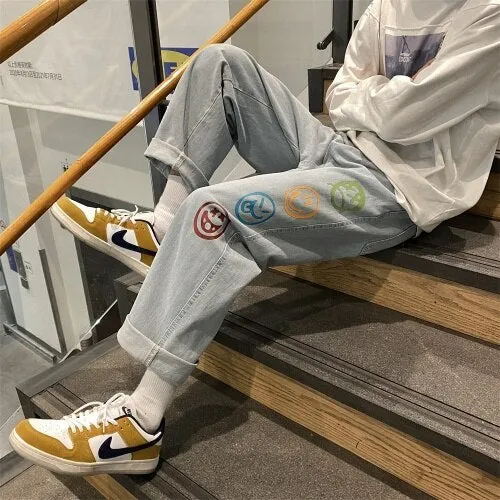 Colorful Smiley Printed Black Jeans for Mens Straight Leg Denim Pants Teen Hip Hop Clothing Oversized Baggy Trousers Streetwear