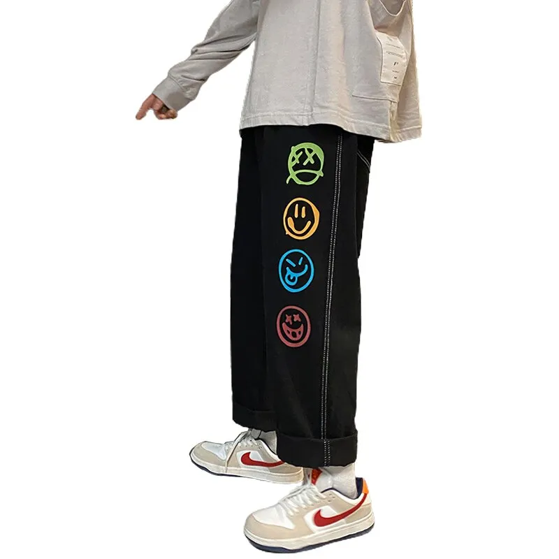 Colorful Smiley Printed Black Jeans for Mens Straight Leg Denim Pants Teen Hip Hop Clothing Oversized Baggy Trousers Streetwear