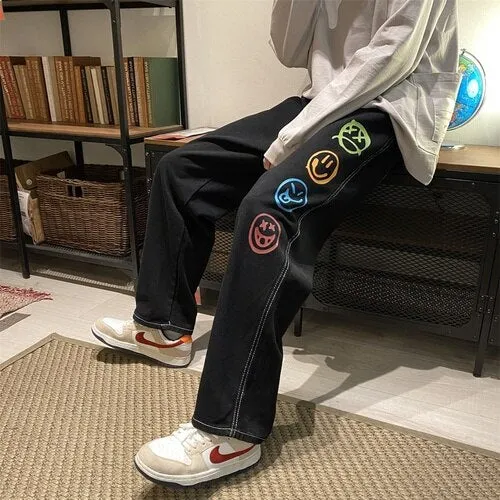 Colorful Smiley Printed Black Jeans for Mens Straight Leg Denim Pants Teen Hip Hop Clothing Oversized Baggy Trousers Streetwear