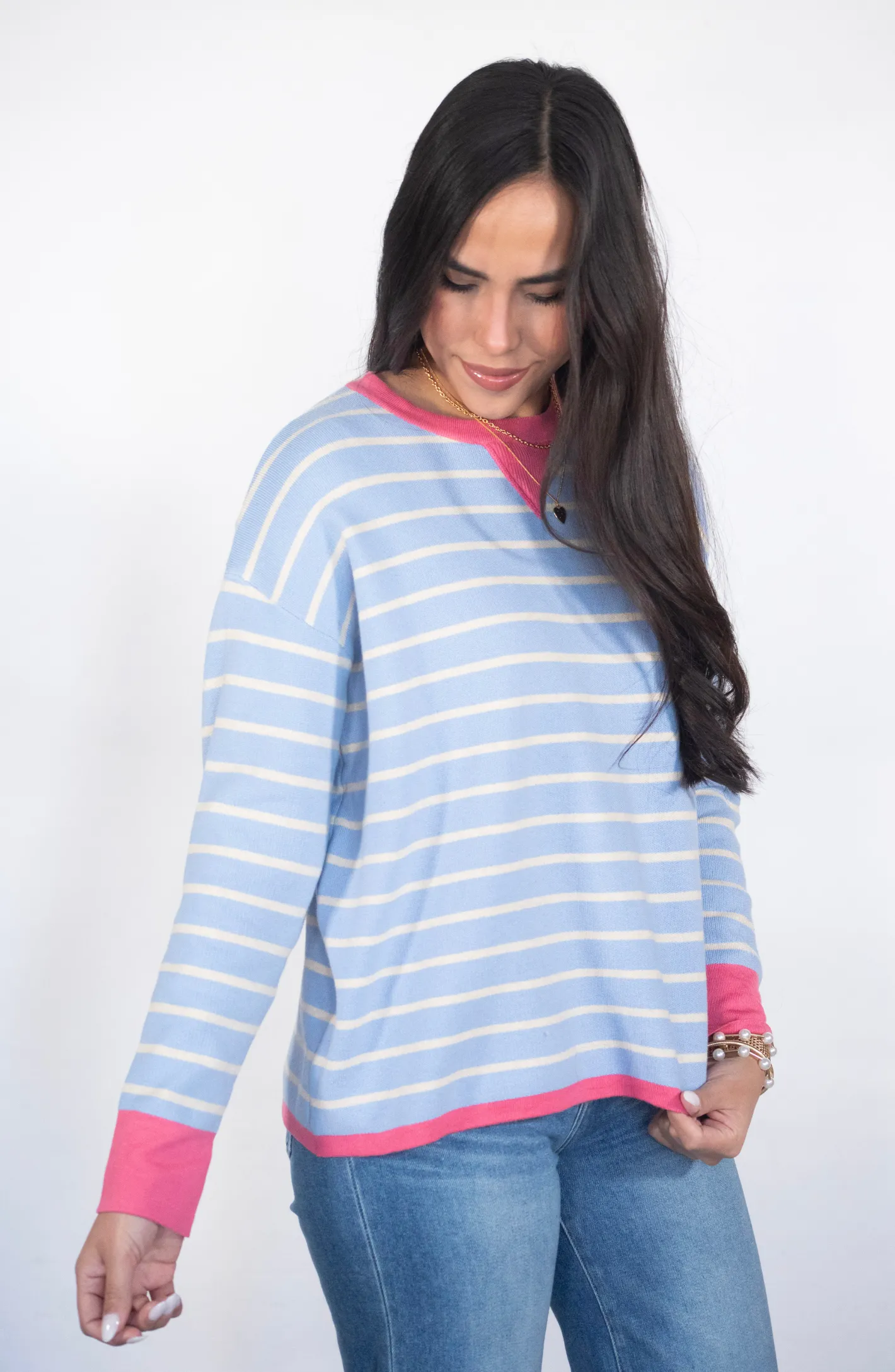 Come With Me Blue Striped Sweater