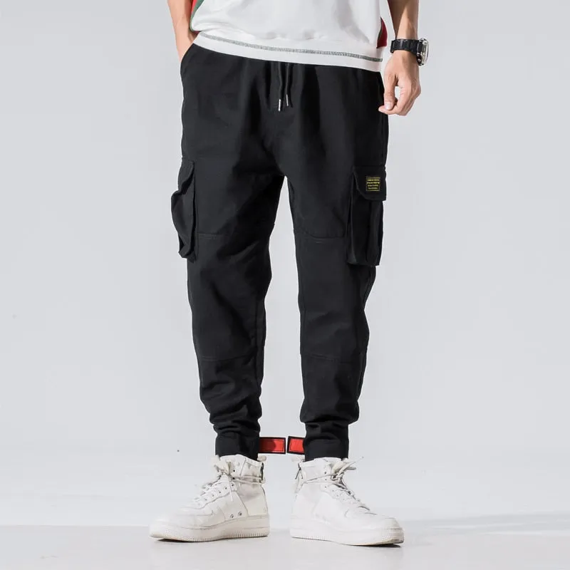 Cotton Men Multi-pocket Elastic Waist Design Harem Pant Street Punk Hip Hop Red Casual Trousers Joggers Male Army Cargo Pants