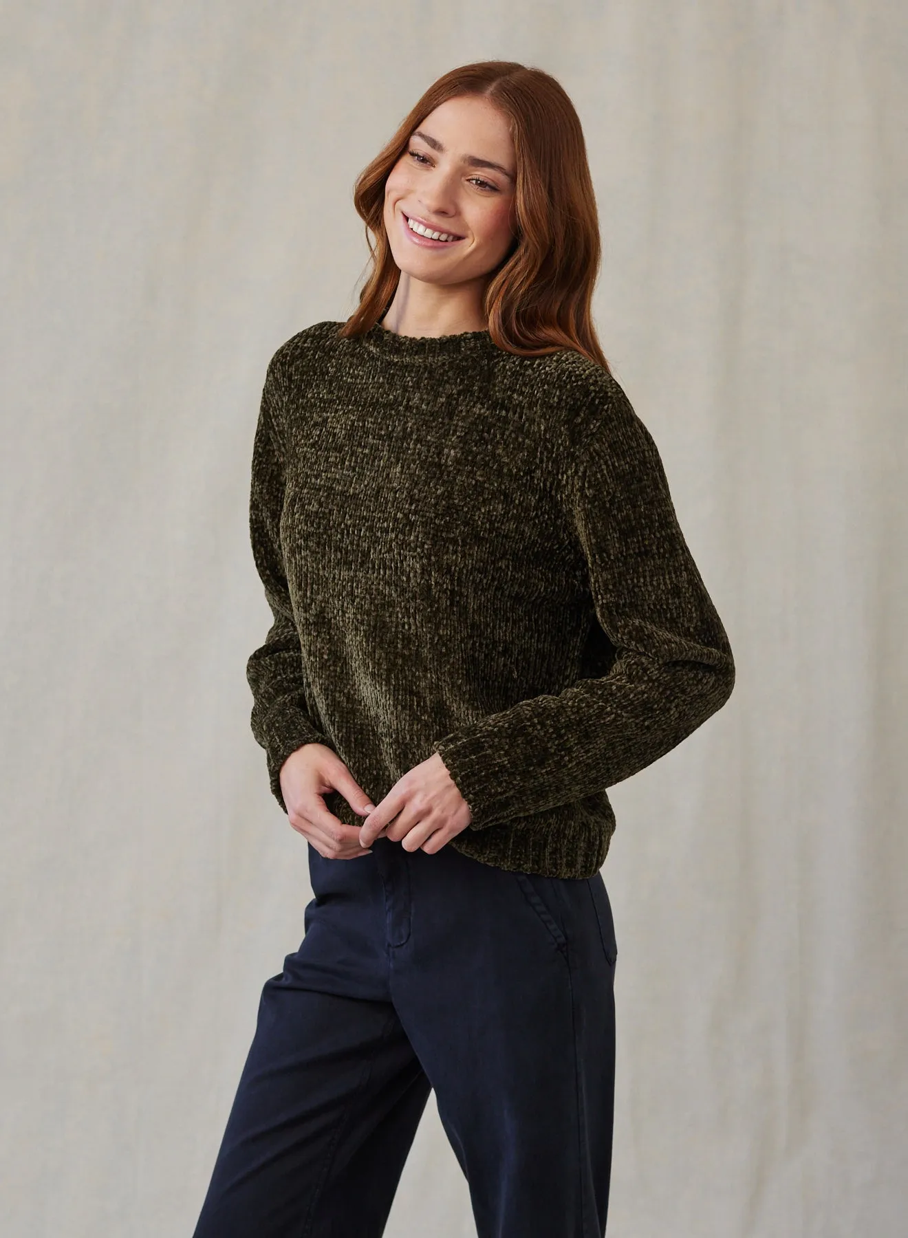 Crew Neck Chenille Sweater- Italian Herb