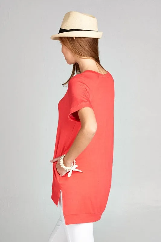 Crew Neck High Low Top - Coral (Copy)