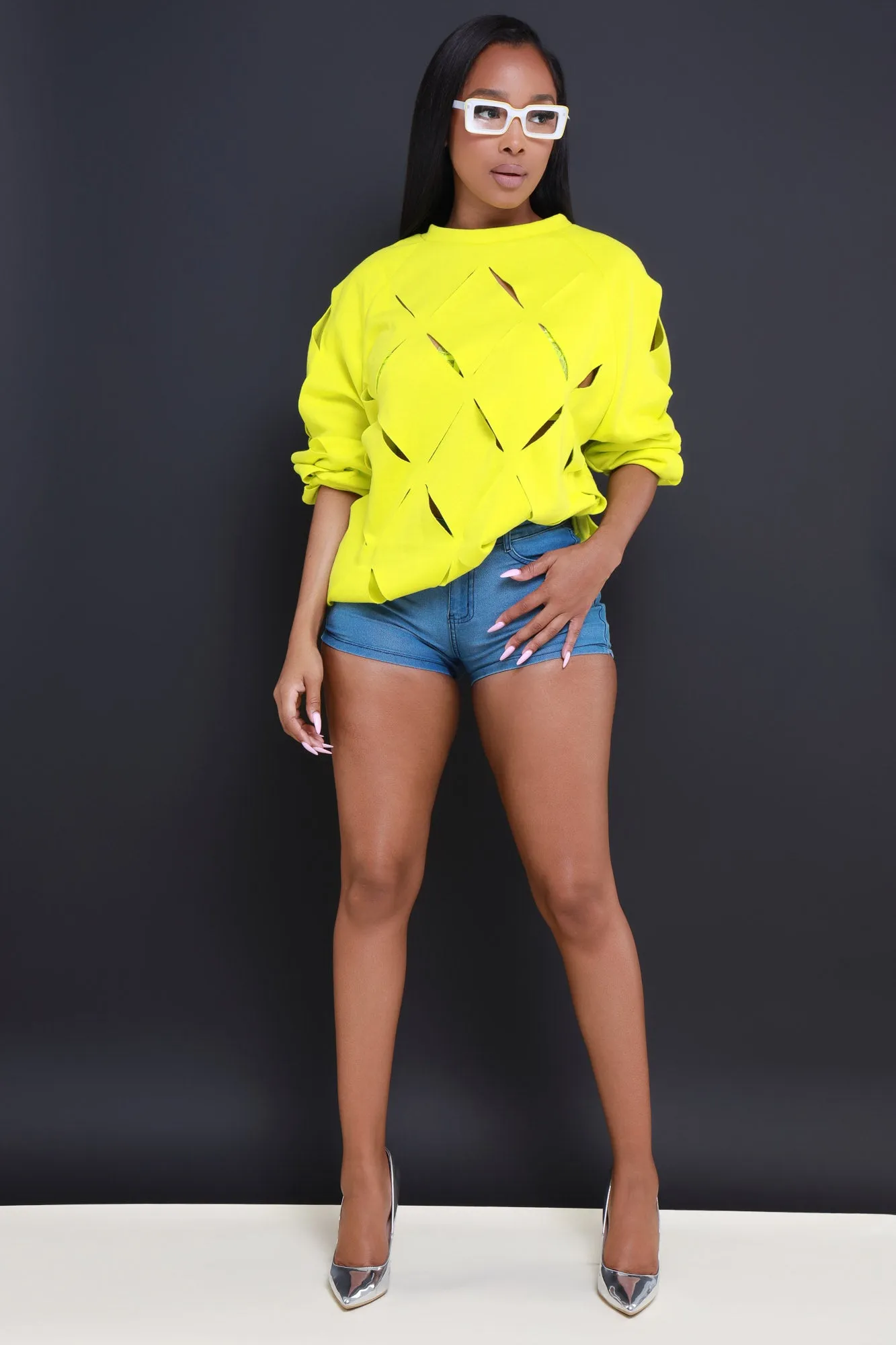 Cross Me Oversized Cut Out Sweatshirt - Neon Yellow