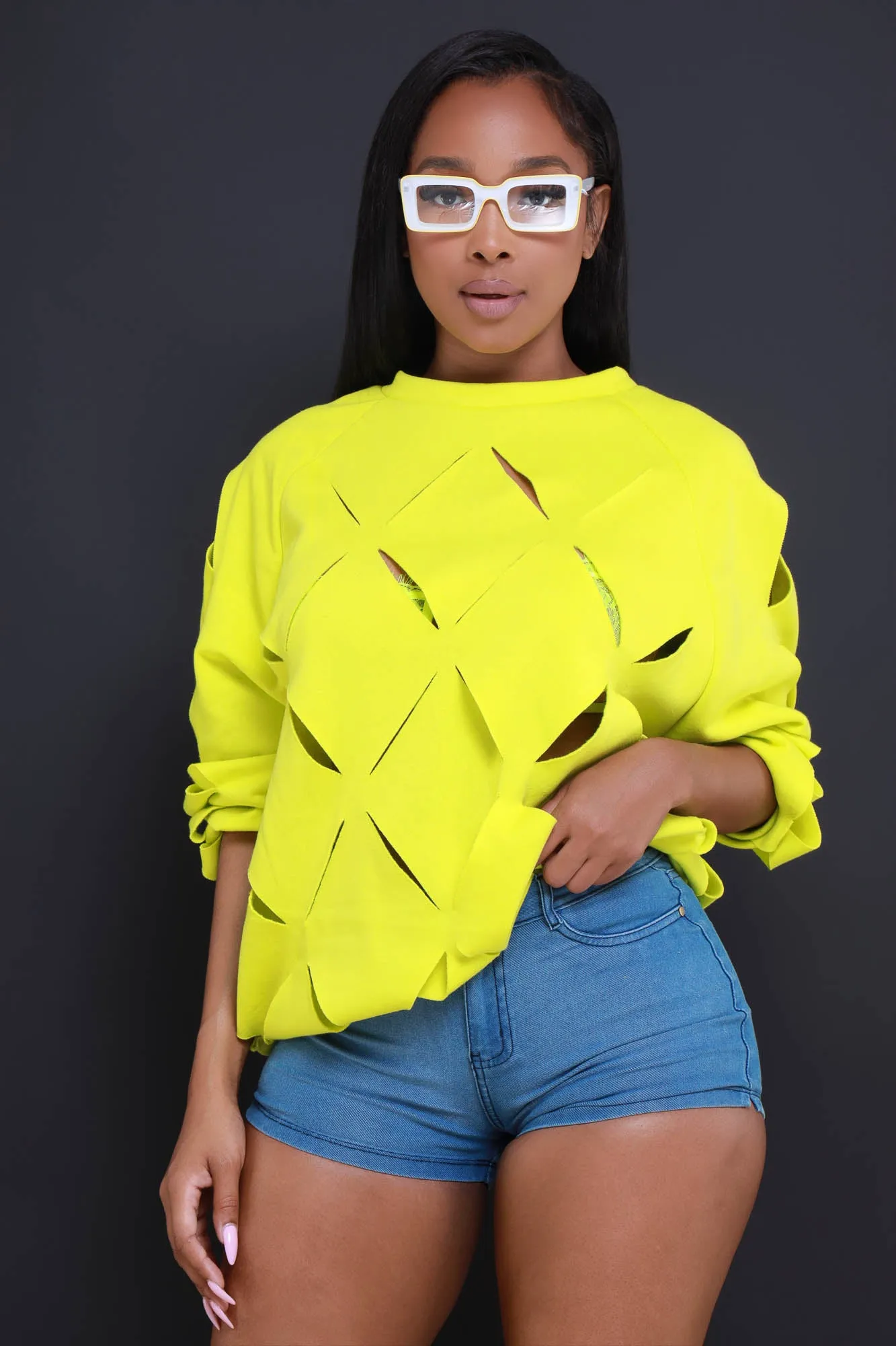 Cross Me Oversized Cut Out Sweatshirt - Neon Yellow