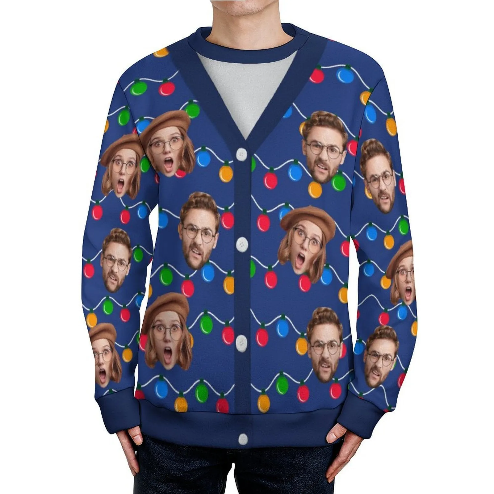 Custom Face Christmas Colored Lights Pattern Fake Cardigan Unisex Crew Neck Sweater