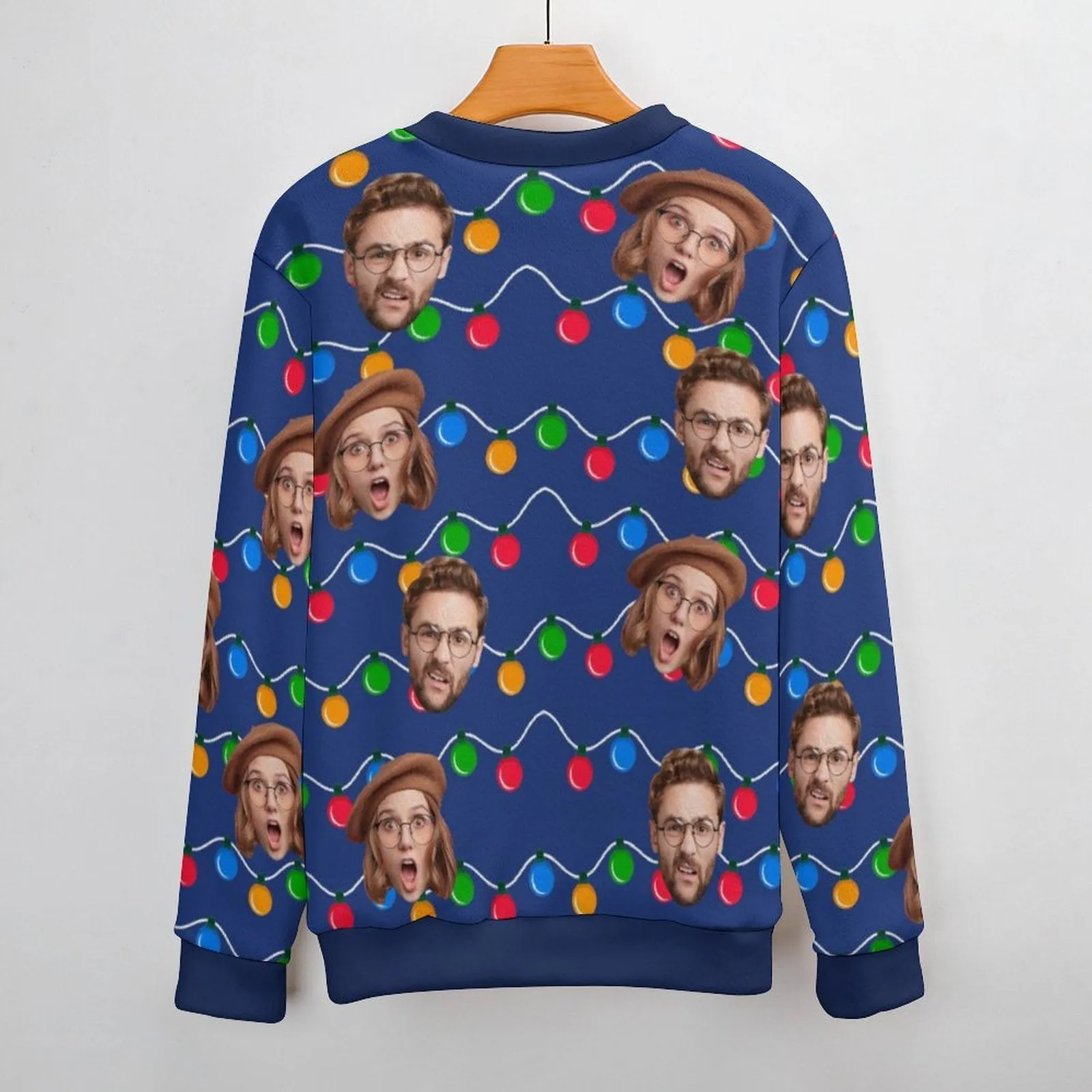 Custom Face Christmas Colored Lights Pattern Fake Cardigan Unisex Crew Neck Sweater