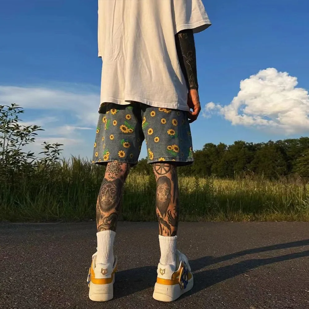 Denim Shorts Men's 2023 Summer High Street Capris Men Techwear Oversize Leisure Pants Unisex Streetwear Y2k Daisy Loose Jeans