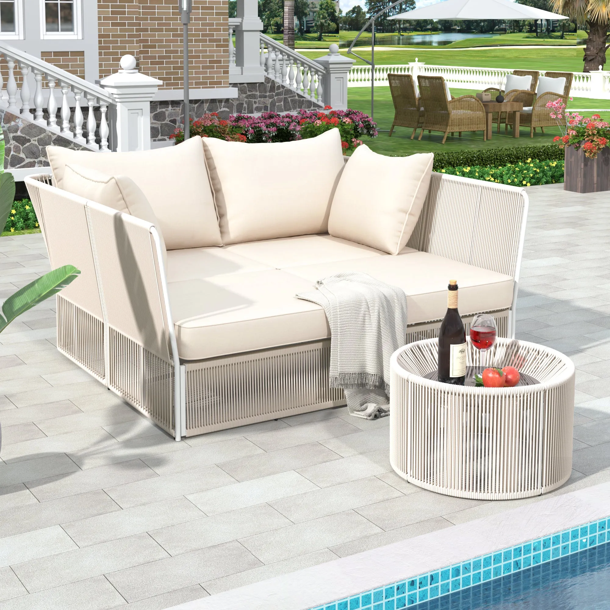 Freeda 2 Pc Outdoor Sunbed and Coffee Table Set - Beige