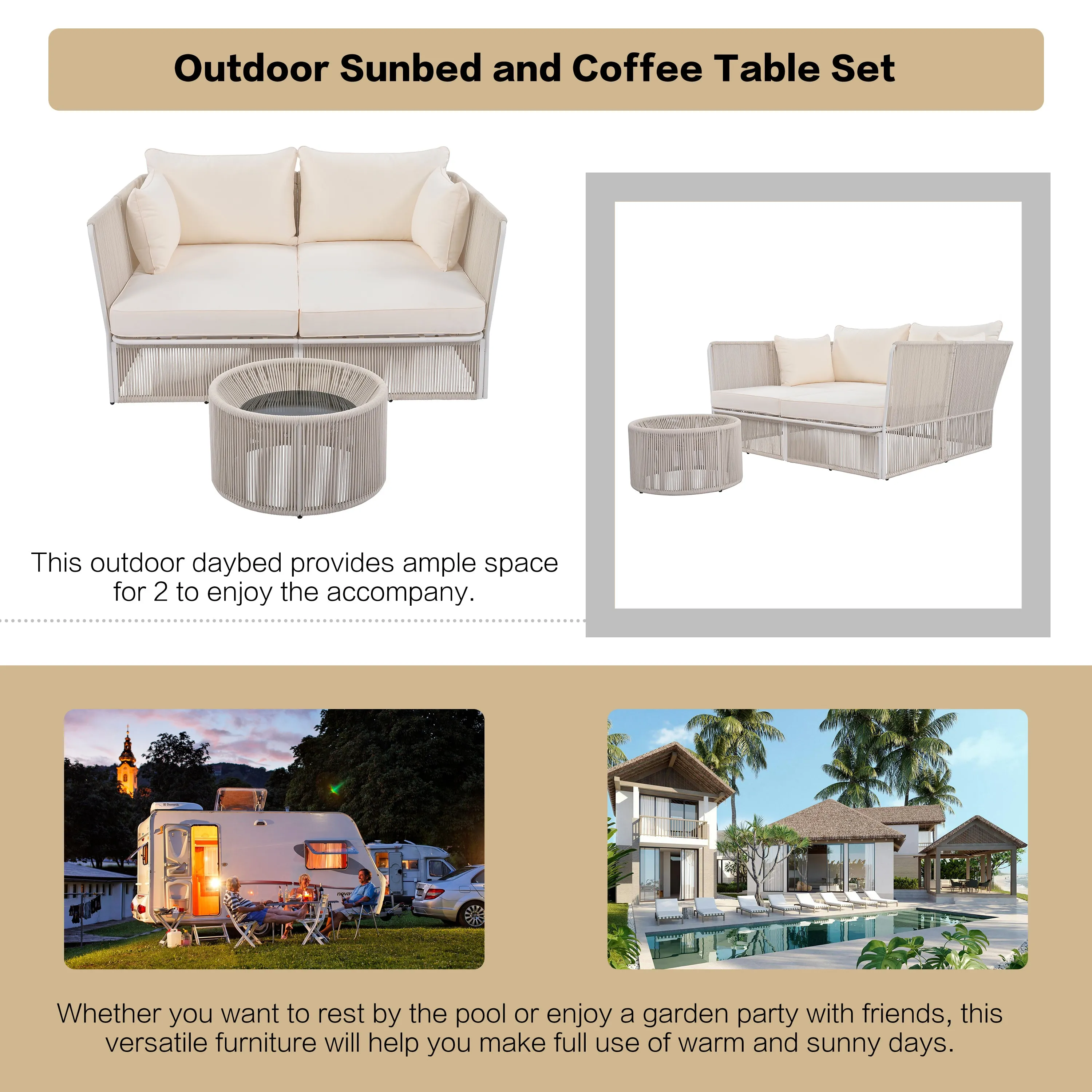 Freeda 2 Pc Outdoor Sunbed and Coffee Table Set - Beige