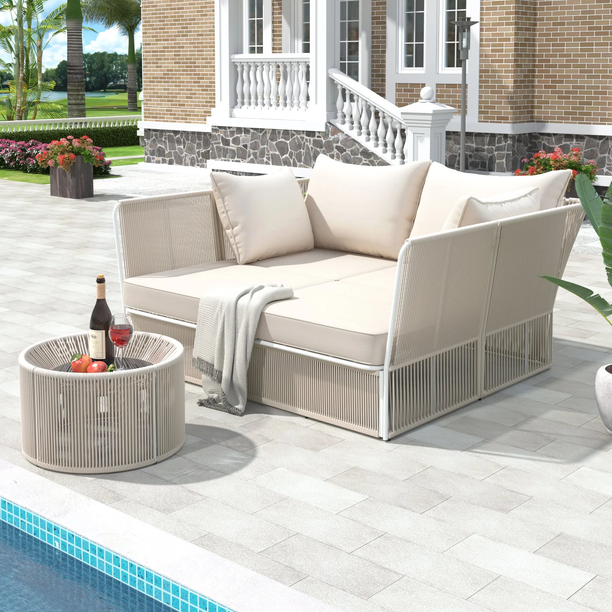 Freeda 2 Pc Outdoor Sunbed and Coffee Table Set - Beige