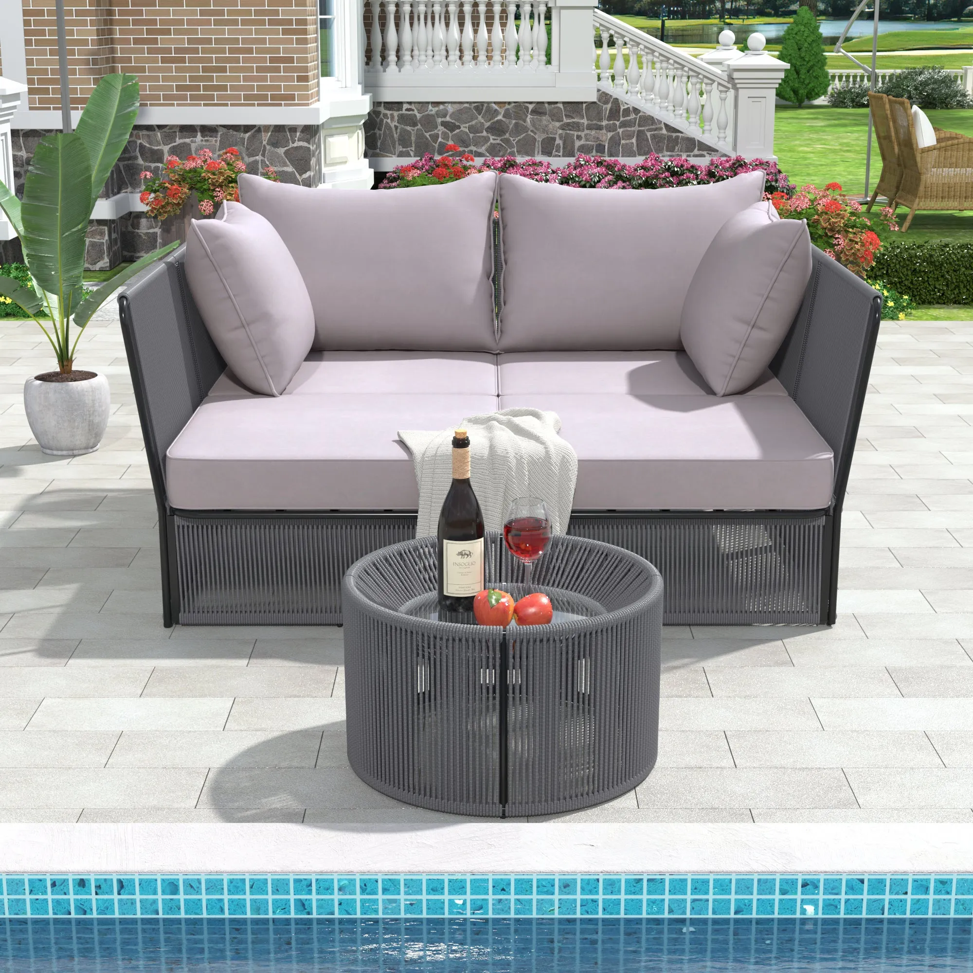 Freeda 2 Pc Outdoor Sunbed and Coffee Table Set - Gray