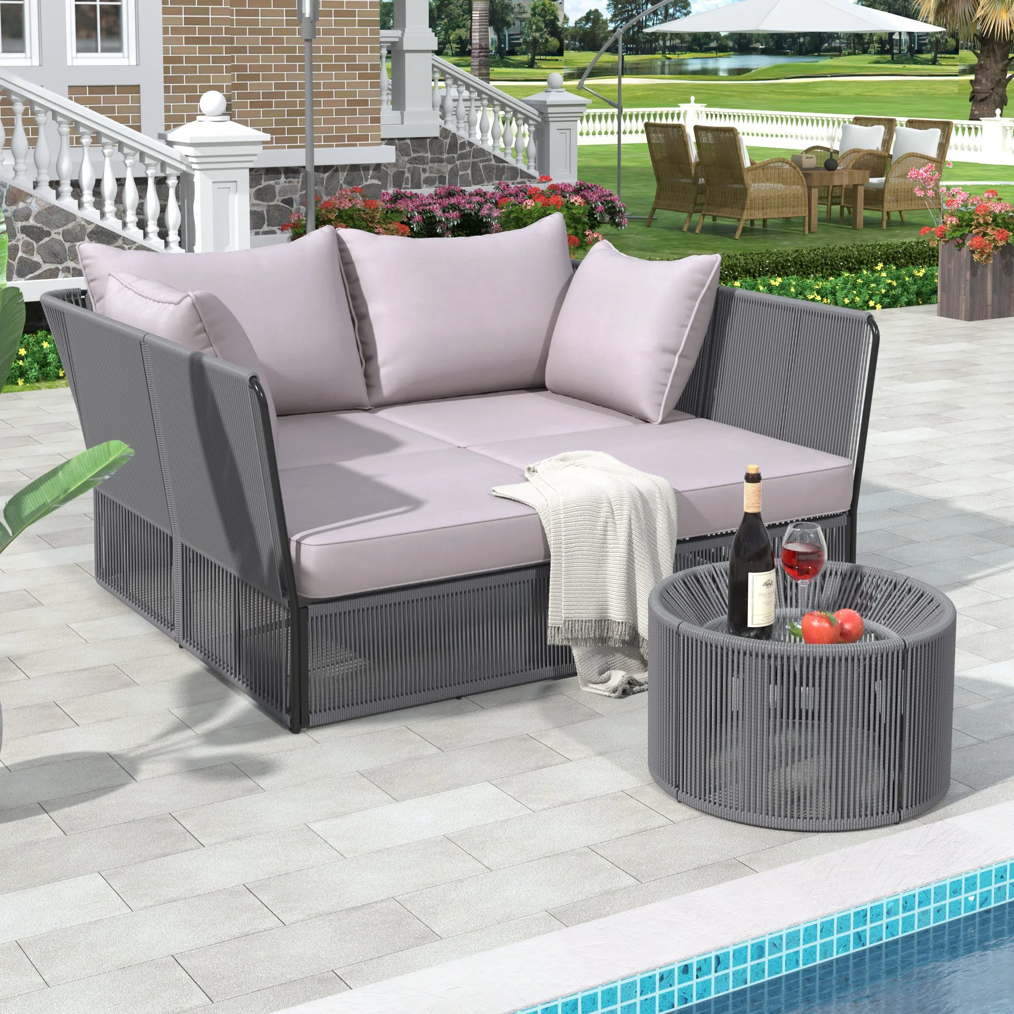 Freeda 2 Pc Outdoor Sunbed and Coffee Table Set - Gray