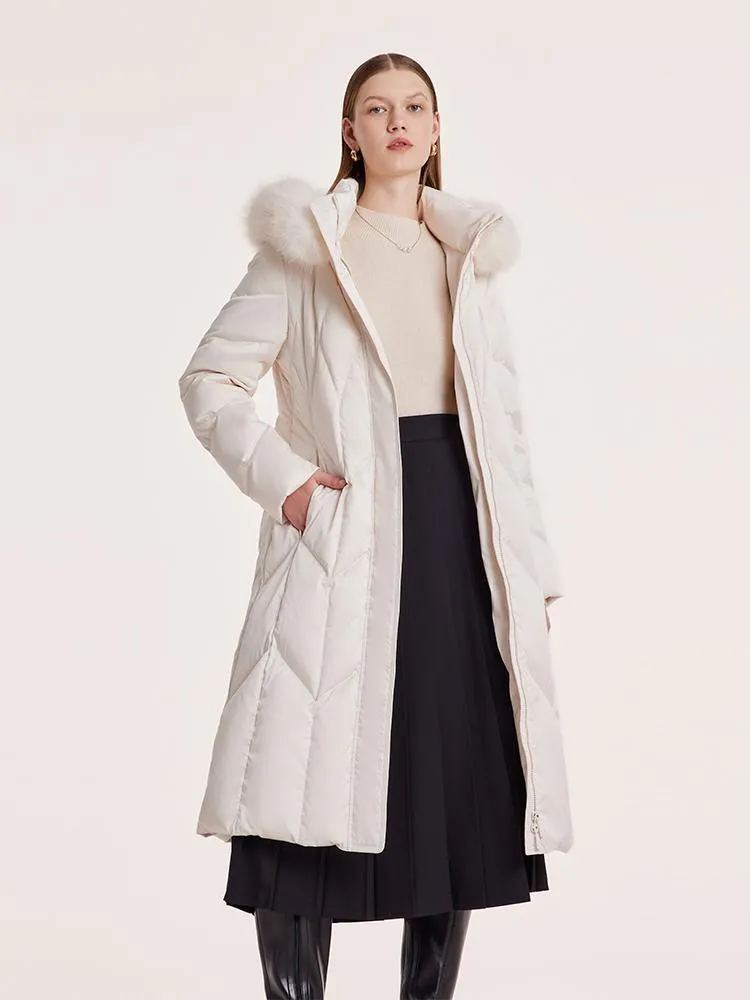 Gathered Waist Long Goose Down Garment With Faux-Fur Collar