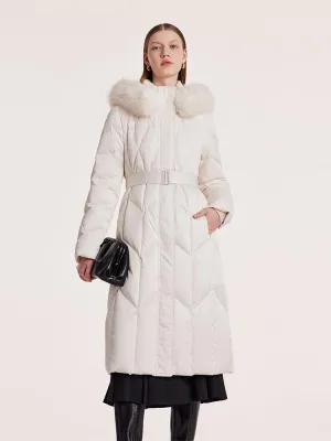 Gathered Waist Long Goose Down Garment With Faux-Fur Collar