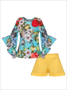 Girls 3/4 Ruffled Asymmetric Sleeve Tunic & Ruffled Shorts Set