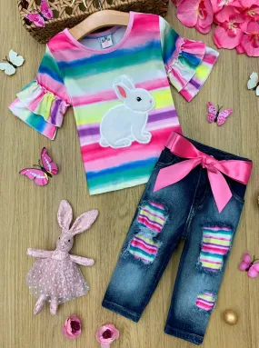 Girls Bunny Time Top and Patched Jeans Set with Sash