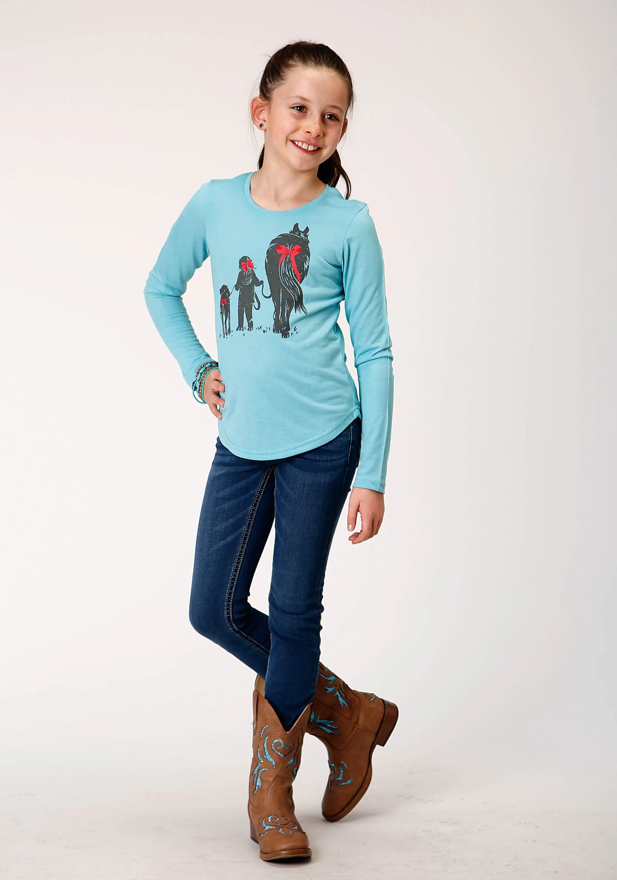 GIRLS LONG SLEEVE KNIT POLY RAYON LIGHT BLUE JERSEY LONG SLEEVE  T T-SHIRT