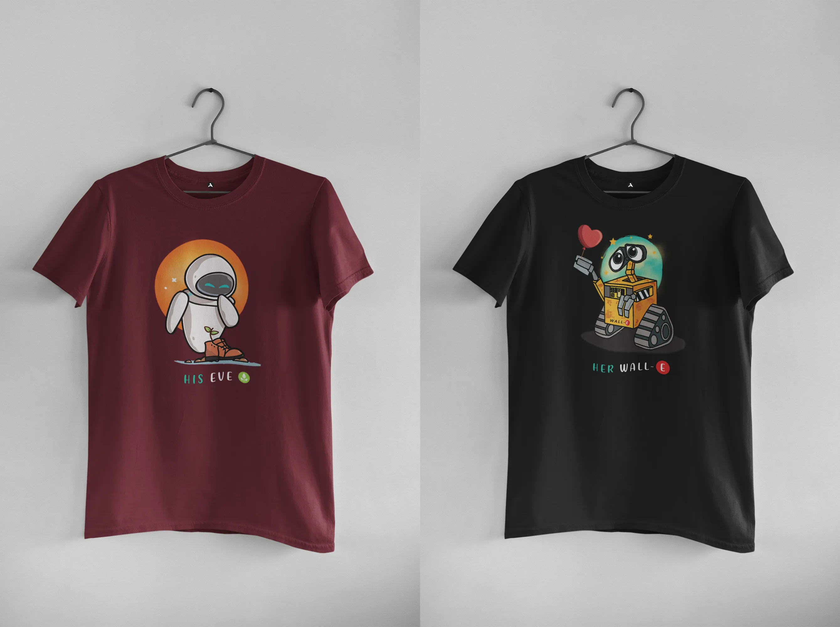 His Eve & Her Wall E: Disney- Half Sleeve Couple T shirts