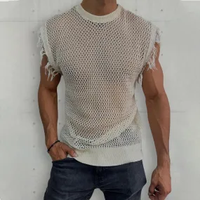 Hollow Knit Vest Top Streetwear Men Summer Sleeveless T Shirt O Neck Pullover Tee for Man Casual Tassel Solid Tank Top Sweater