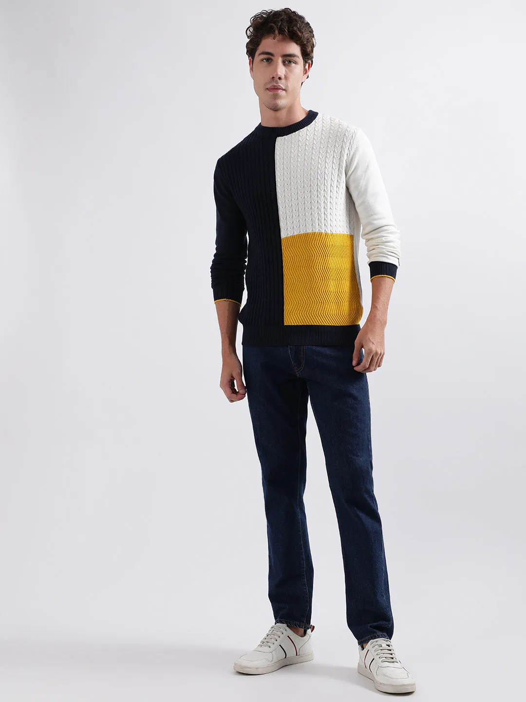 Iconic Men Multicolor Colorblocked Round Neck Full Sleeves Pullover Style Sweater