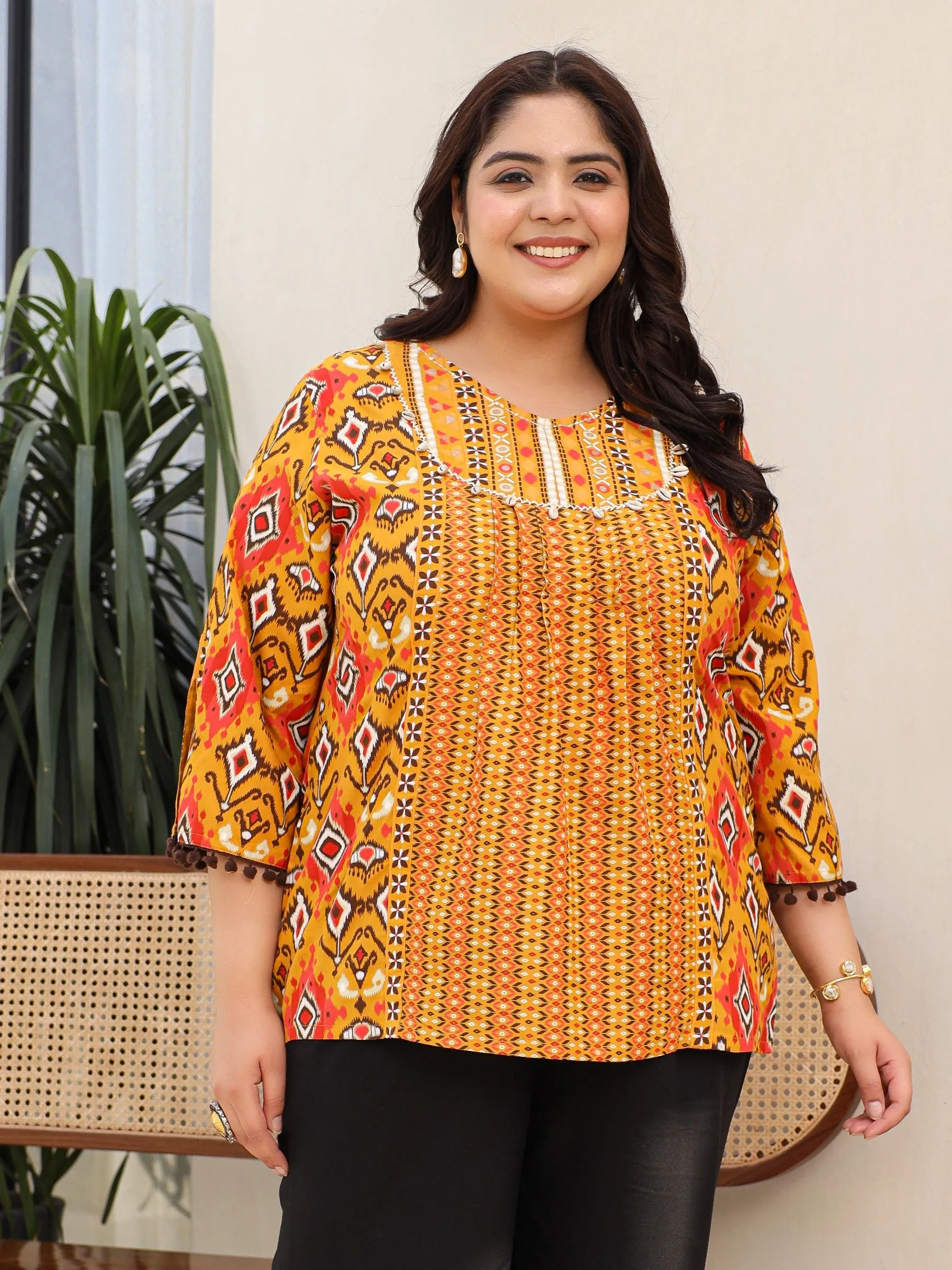 Juniper Mustard Rayon Ikat Printed A-Line Lacy Plus Size Tunic With Pintucks At Works & Beadwork