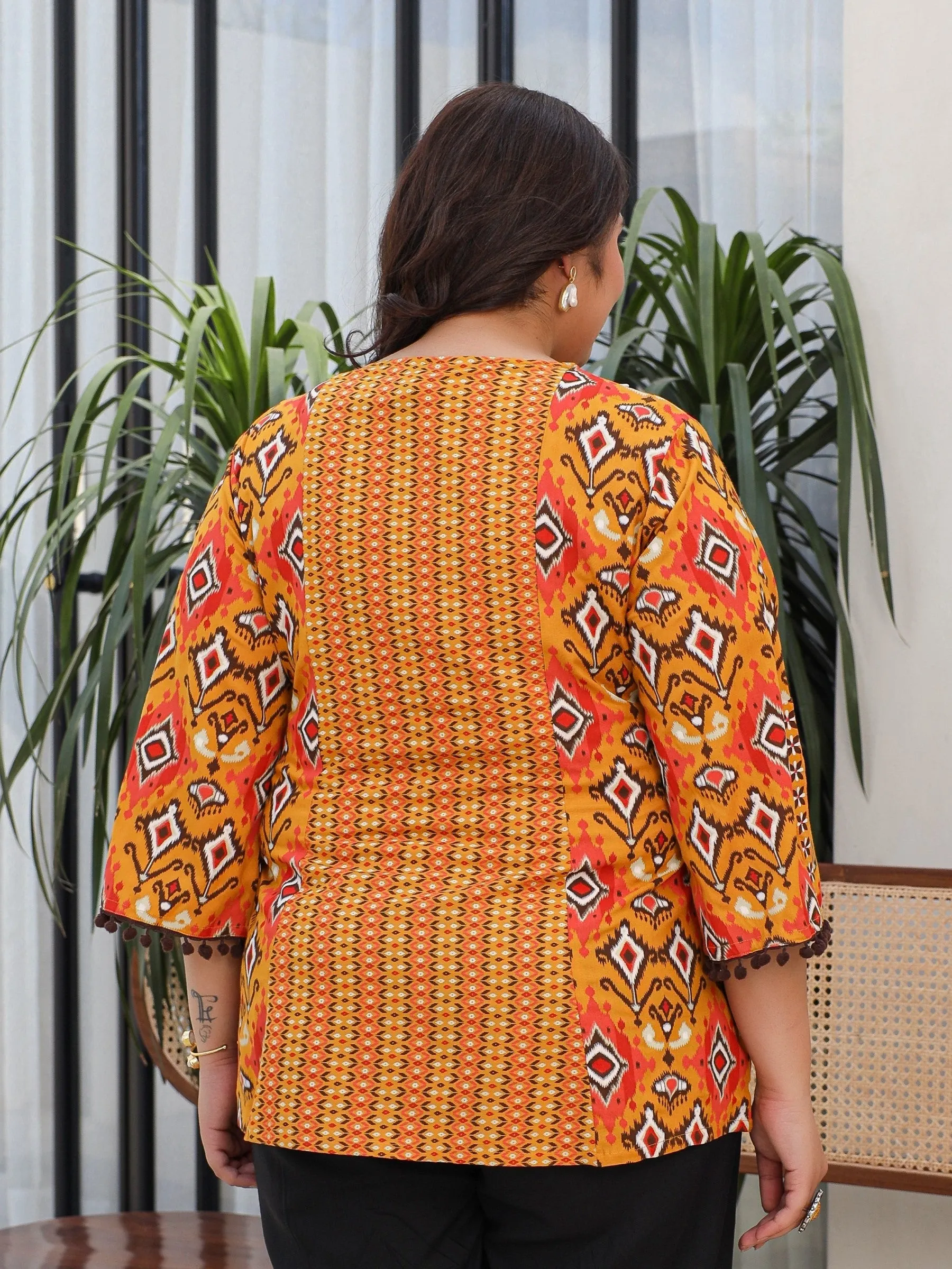 Juniper Mustard Rayon Ikat Printed A-Line Lacy Plus Size Tunic With Pintucks At Works & Beadwork