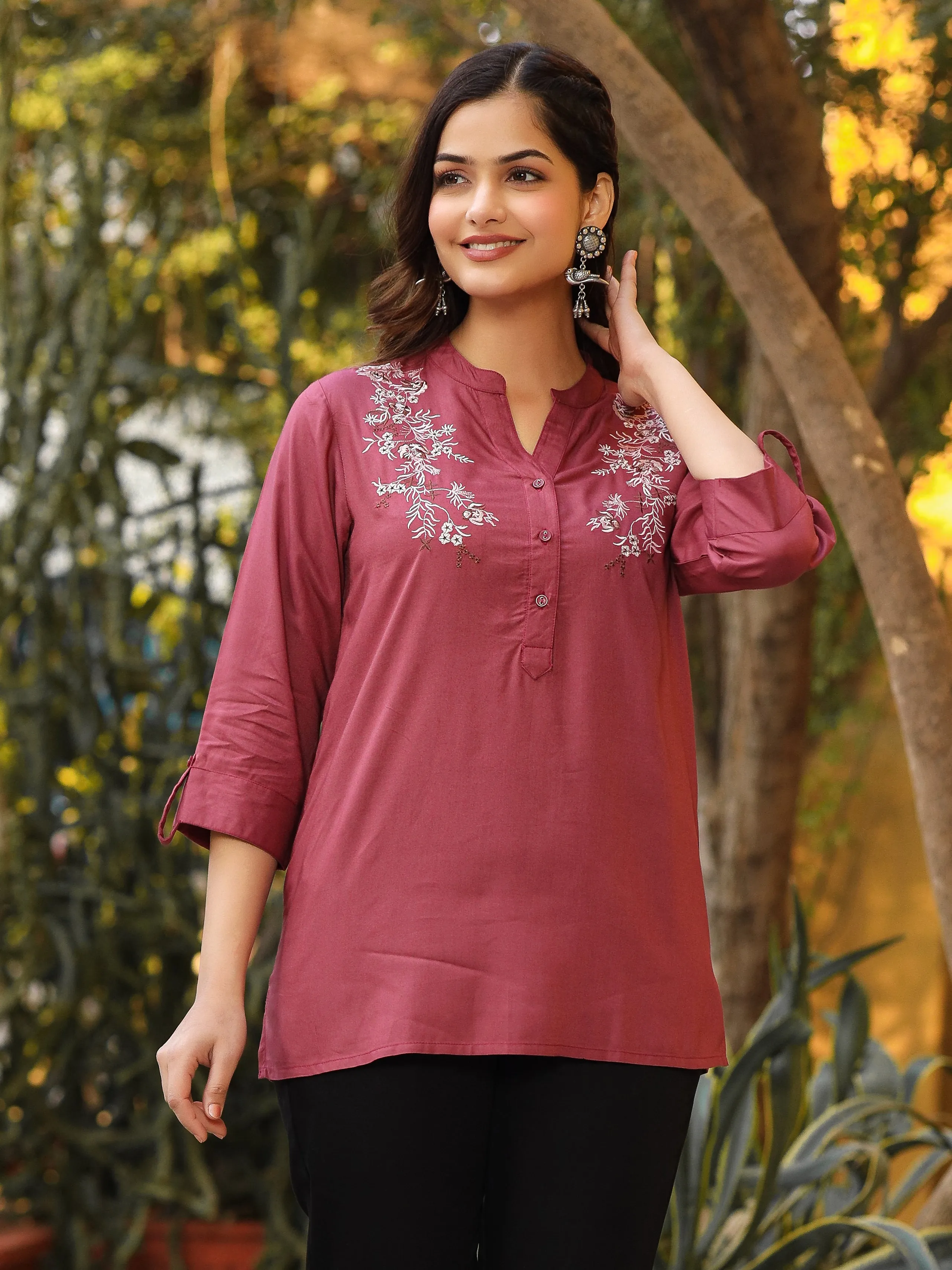 Juniper Onion Pink Modal Rayon Embroidered Tunic