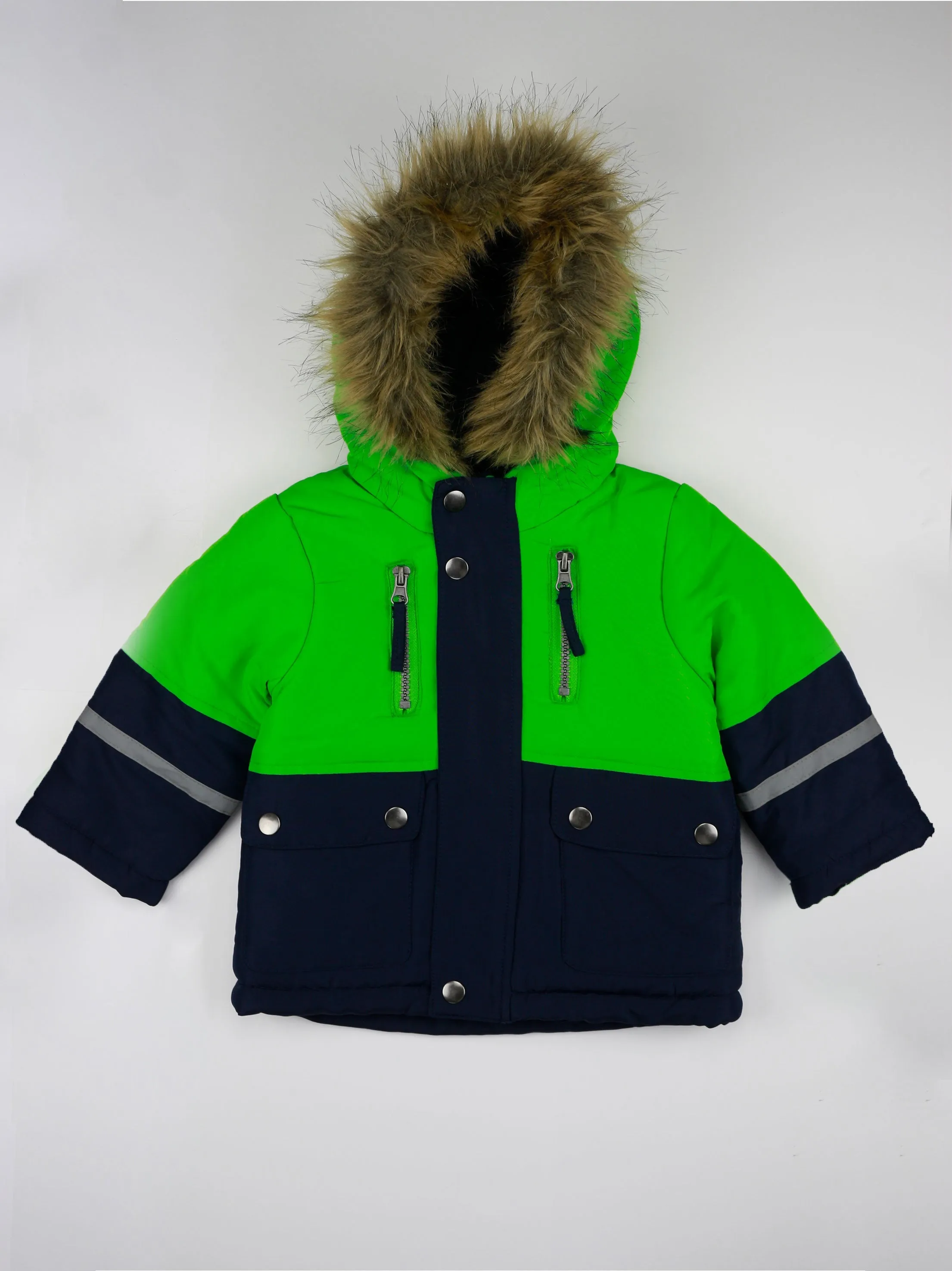 Kids Boy Faux Fur Hooded Jacket,Green/Navy