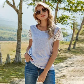 KittenAlarm - Spring and Summer New Female Body-fitting Solid Color Pullover Loose Round Neck Top Lace Short-sleeved T-shirt