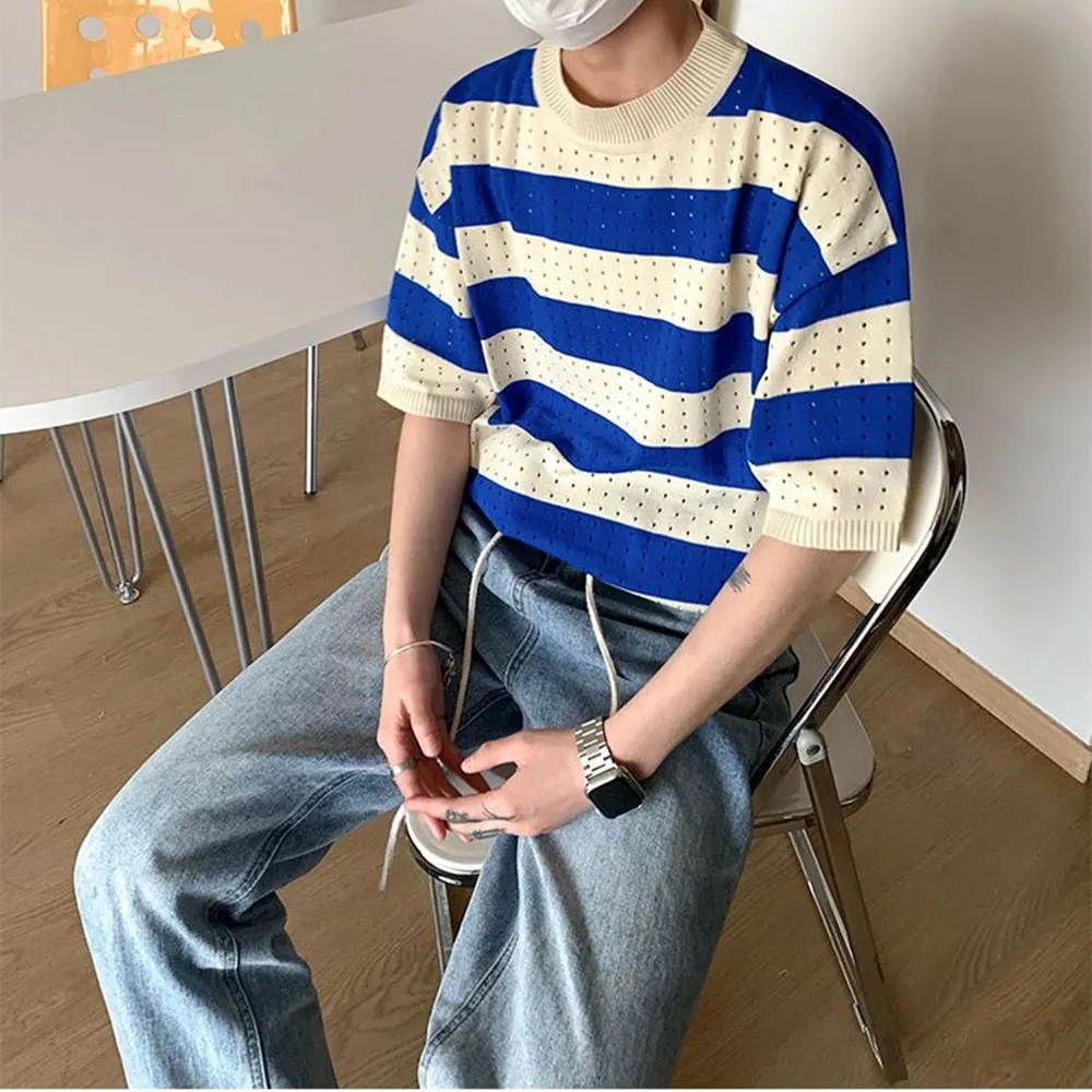 Knitting Striped Tops Male T-shirts Men Mock Neck Contrasting Casual Short Sleeve Pullover Versatile Sweater Tees Y2k Streetwear