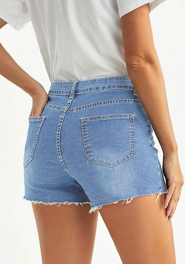 Lakeside Blue Women's High Waisted Distressed Denim Jeans Shorts Ripped Raw Hem Jean Shorts