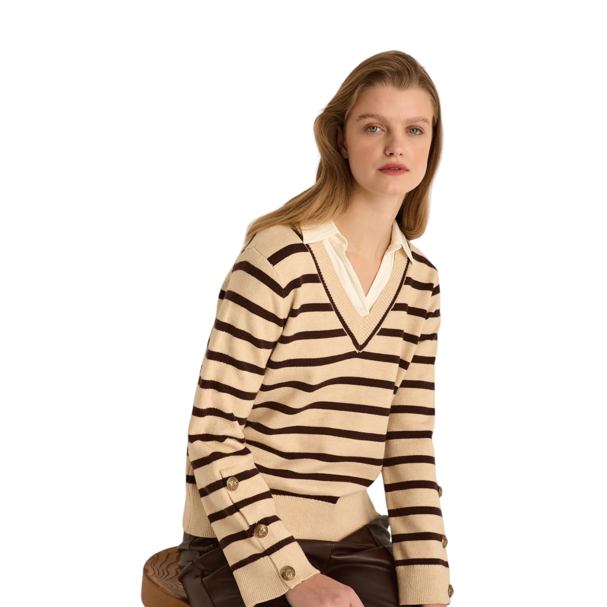 Marina V V Neck Striped Sweater Beige