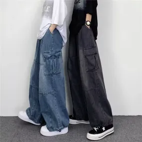 Men Denim Pants Bottoms Baggy Cargo Jeans Solid Color Relaxed Fit Mid Waist Denim Trousers  Streetwear