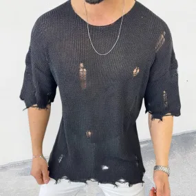 Men Hollow Sexy Ripped Holes T-Shirt Male Casual Loose Short Sleeve Knitted Tee Shirt Streetwear Knitwear Unisex Pullover Tops