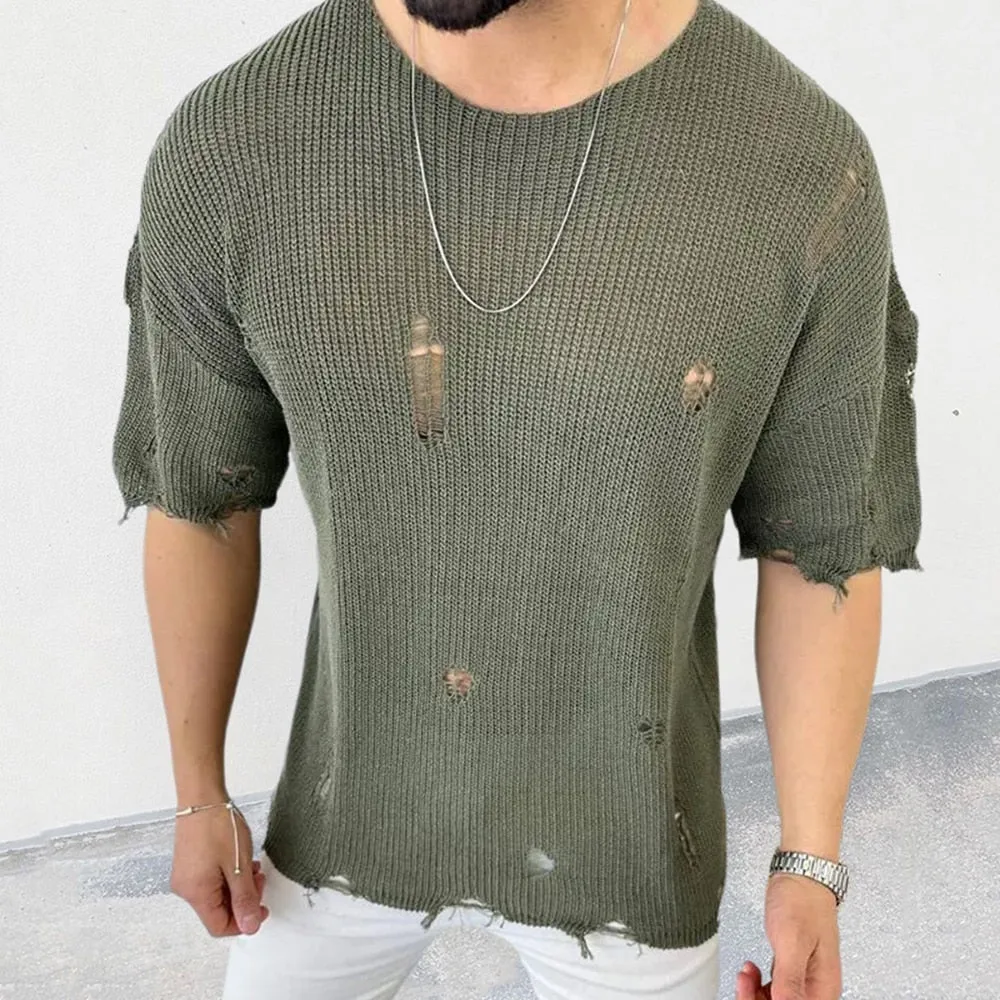 Men Hollow Sexy Ripped Holes T-Shirt Male Casual Loose Short Sleeve Knitted Tee Shirt Streetwear Knitwear Unisex Pullover Tops