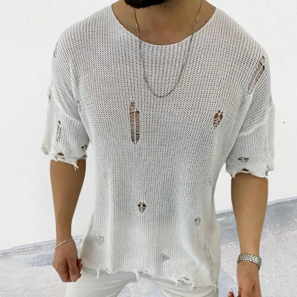 Men Hollow Sexy Ripped Holes T-Shirt Male Casual Loose Short Sleeve Knitted Tee Shirt Streetwear Knitwear Unisex Pullover Tops