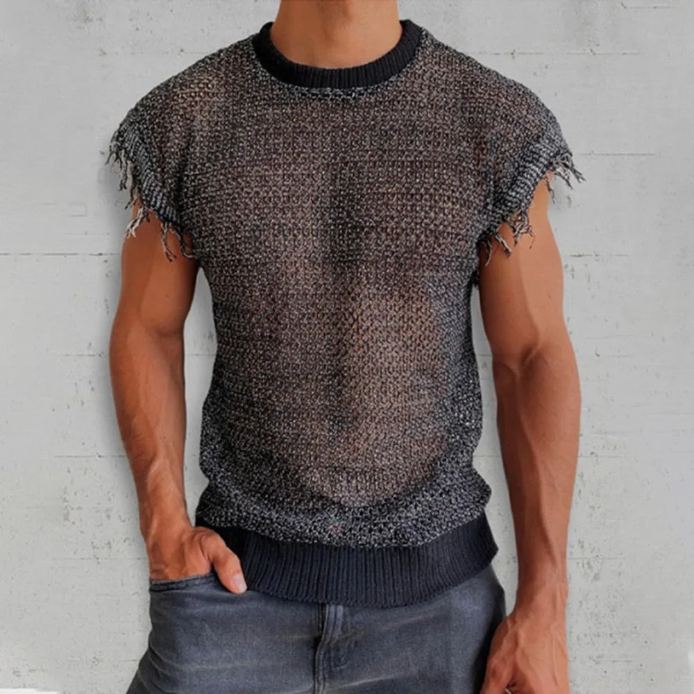 Men Summer Hollow Knit Vest Sleeveless O Neck Basic Pullover Tee for Man Casual Tassel Solid T Shirt 2023 Mesh See Through Top