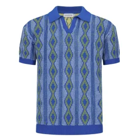 Men's Blue Jacquard Knit Retro Polo