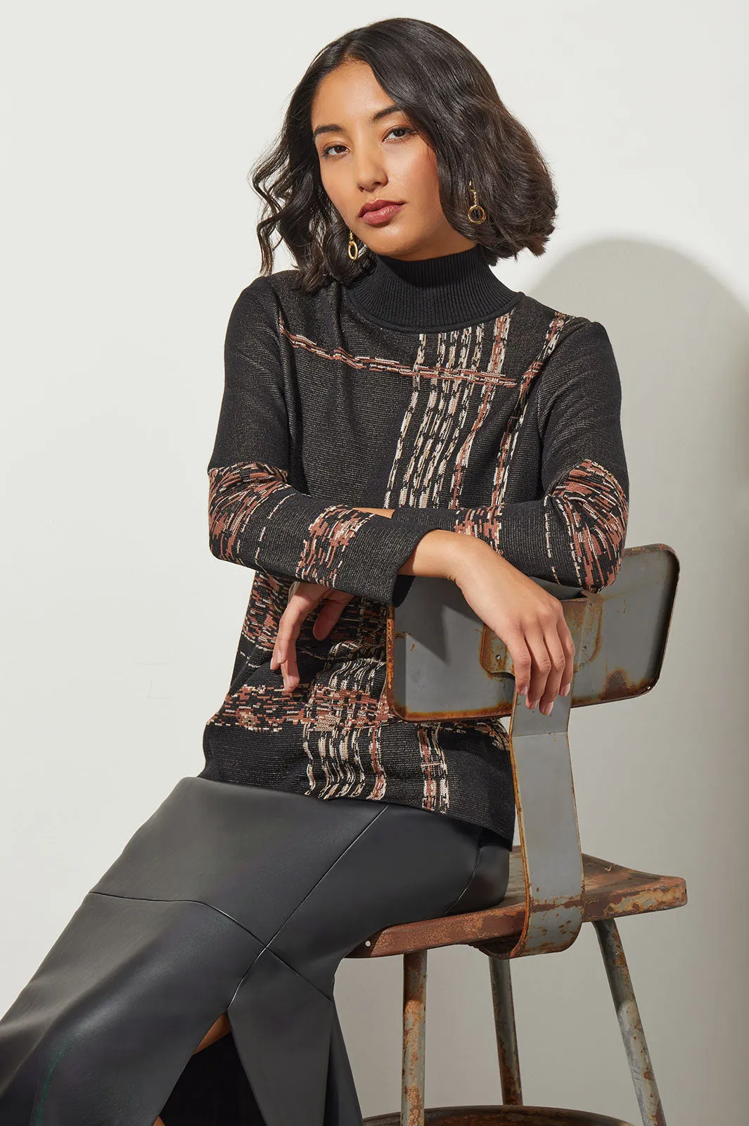 Mock Neck Jacquard Soft Knit Tunic