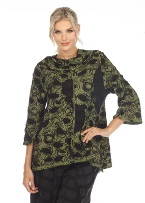 Moonlight Textured Circle Print Drape Neck Tunic Top in Green- 3633