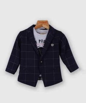 Navy Color Checked Cotton Blend Coat Suit Set