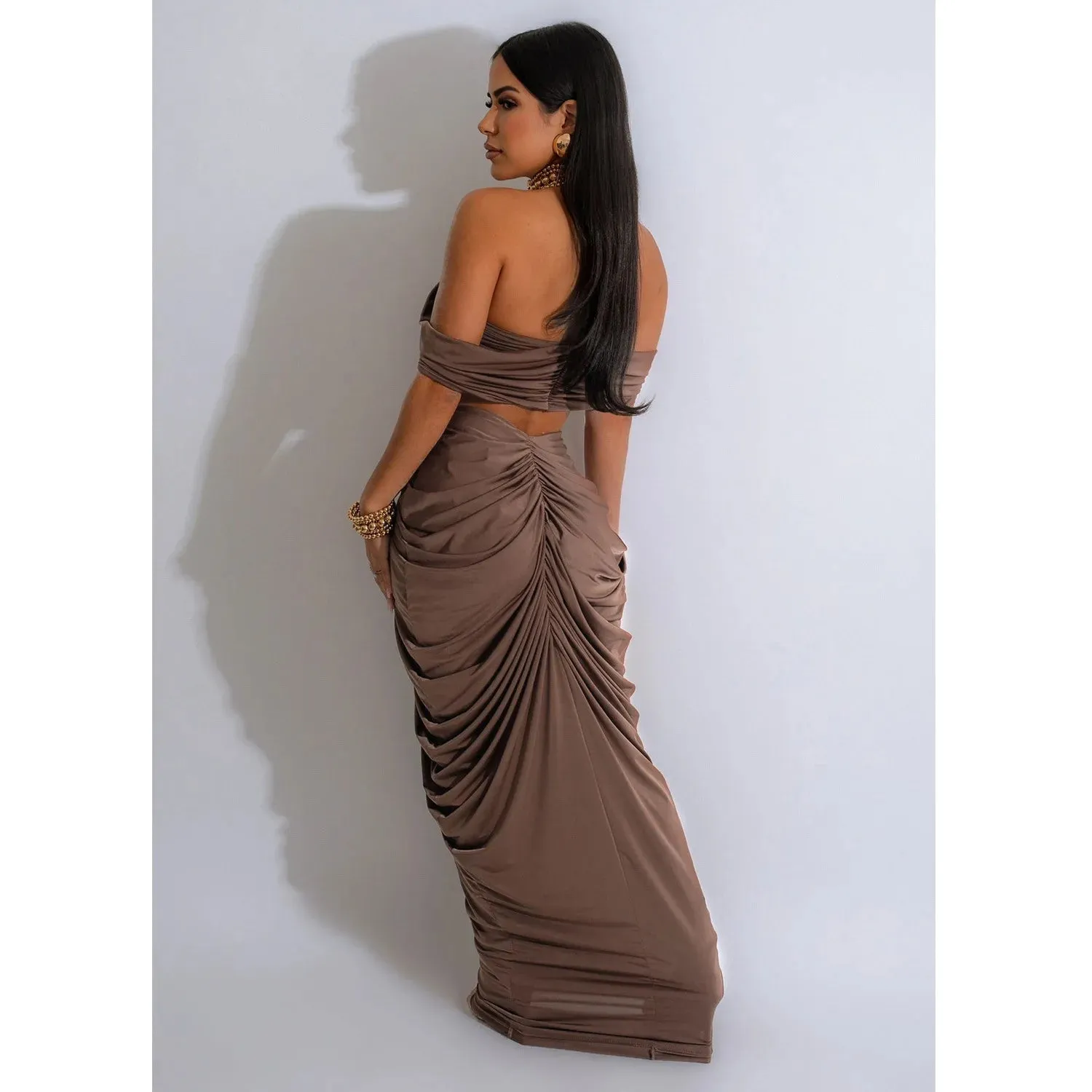 New Fashion Women's Pleated Set Summer Strapless Top And Slim-Fit Maxi Dress Suit Solid Color Ladies Two-Piece Outfits