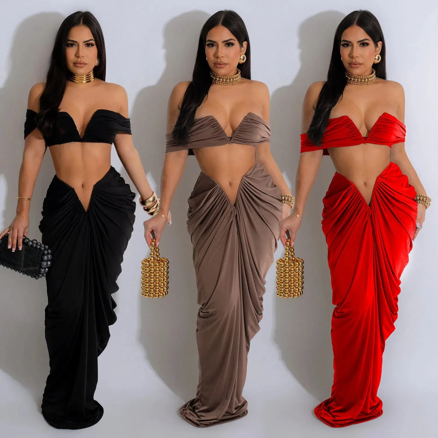 New Fashion Women's Pleated Set Summer Strapless Top And Slim-Fit Maxi Dress Suit Solid Color Ladies Two-Piece Outfits