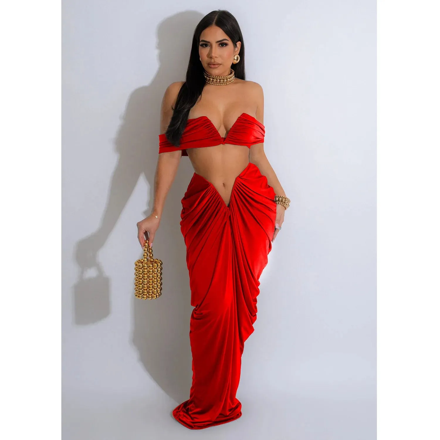 New Fashion Women's Pleated Set Summer Strapless Top And Slim-Fit Maxi Dress Suit Solid Color Ladies Two-Piece Outfits