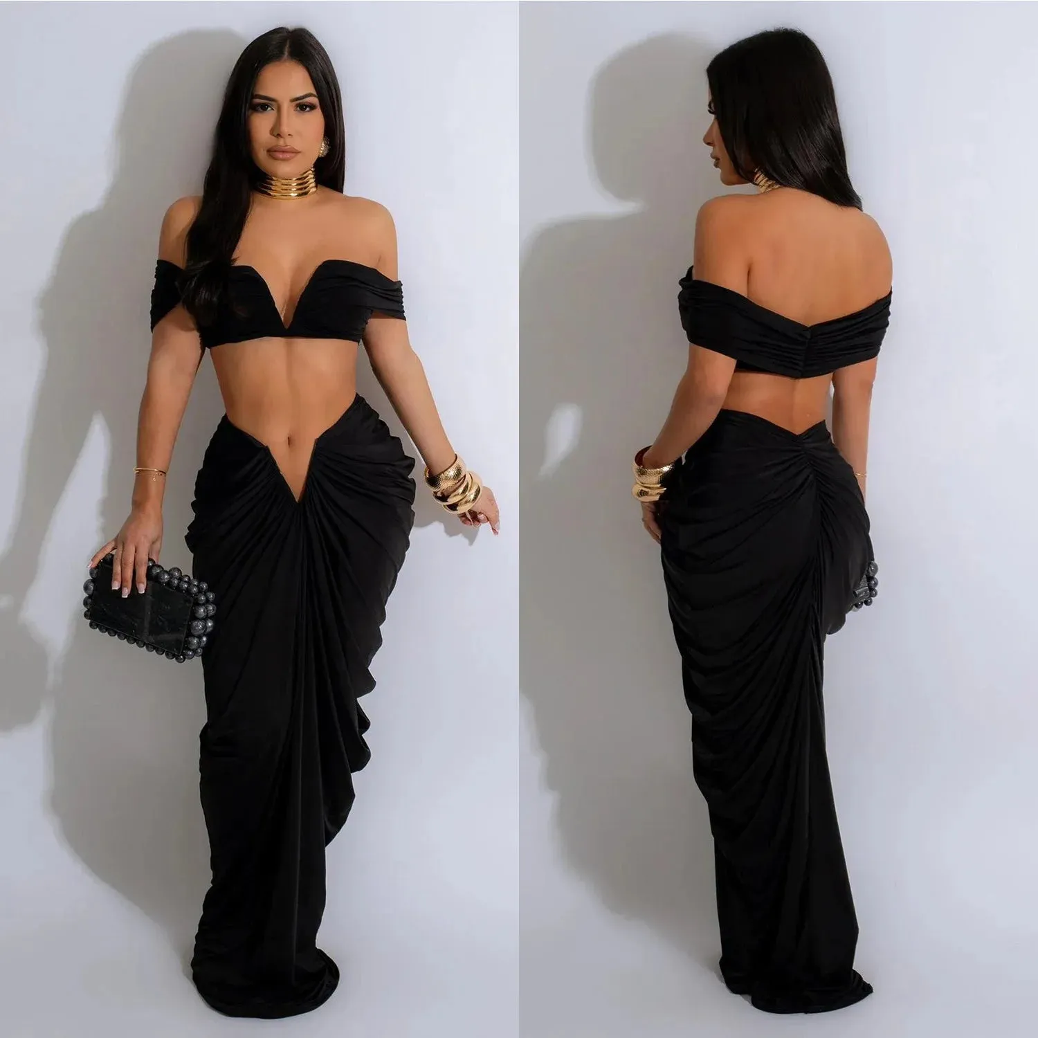 New Fashion Women's Pleated Set Summer Strapless Top And Slim-Fit Maxi Dress Suit Solid Color Ladies Two-Piece Outfits