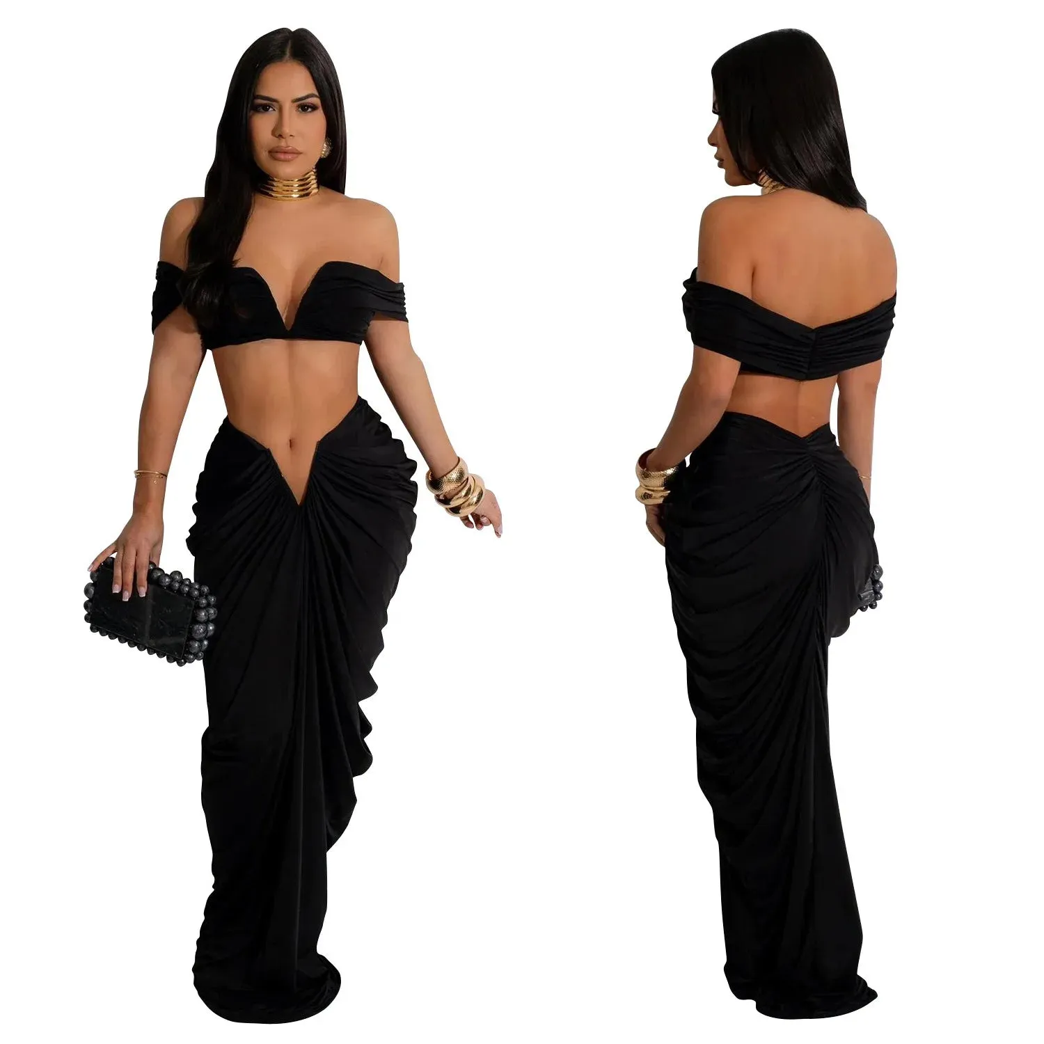 New Fashion Women's Pleated Set Summer Strapless Top And Slim-Fit Maxi Dress Suit Solid Color Ladies Two-Piece Outfits