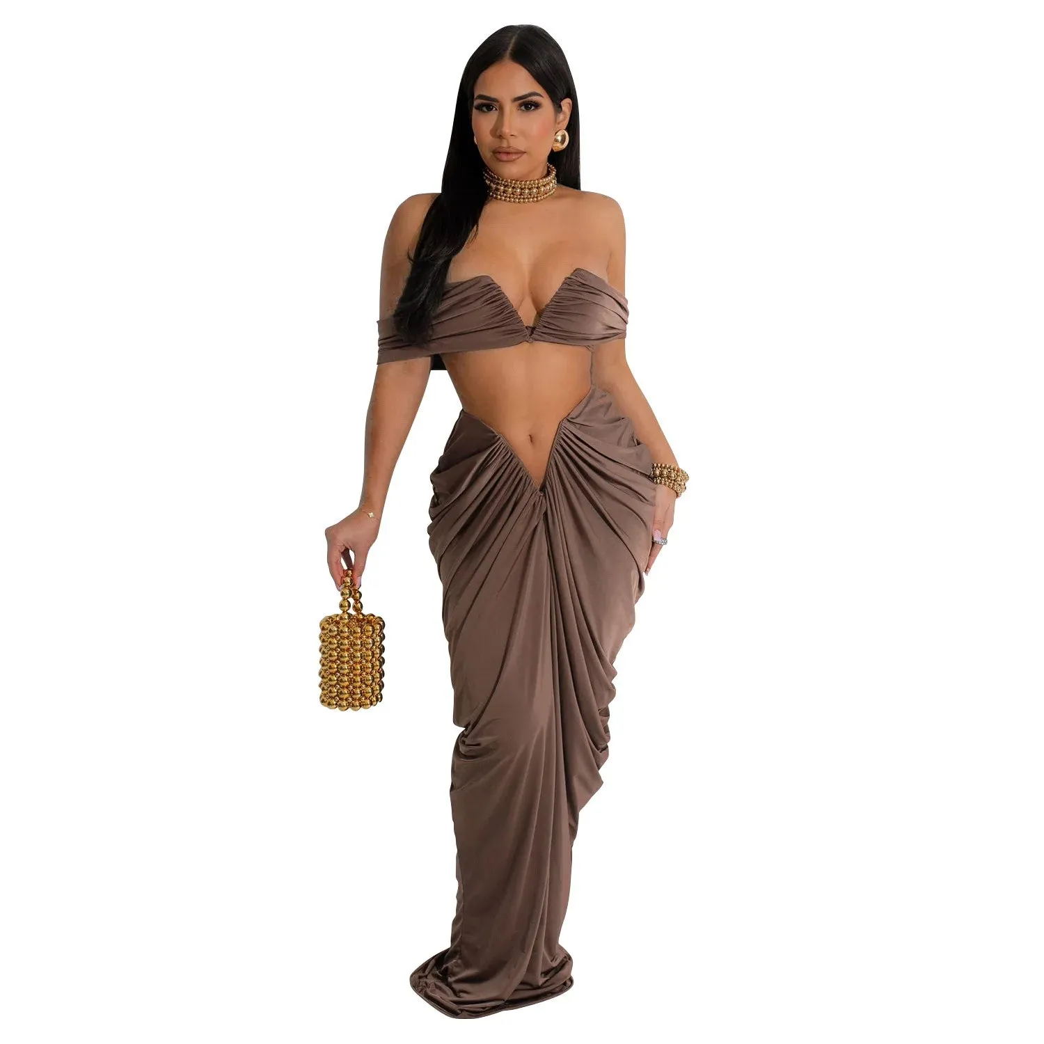 New Fashion Women's Pleated Set Summer Strapless Top And Slim-Fit Maxi Dress Suit Solid Color Ladies Two-Piece Outfits