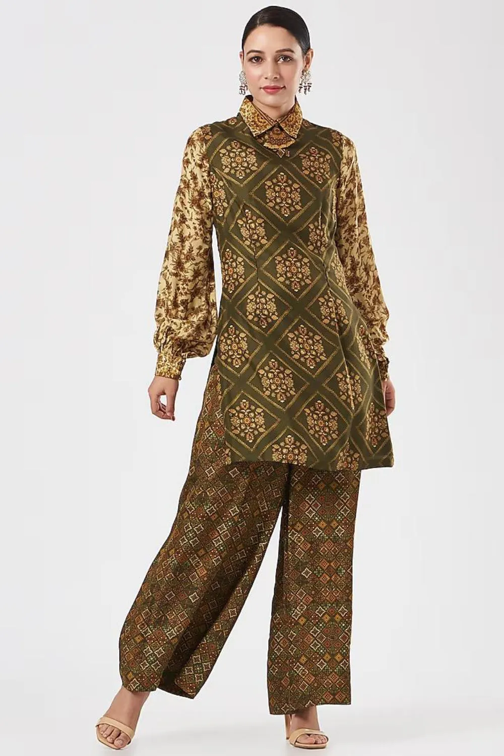 Olive Green Silk Printed Tunic Set