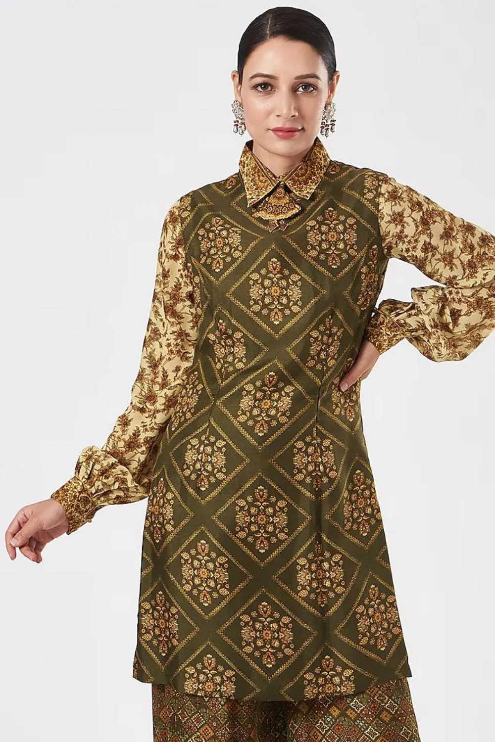 Olive Green Silk Printed Tunic Set